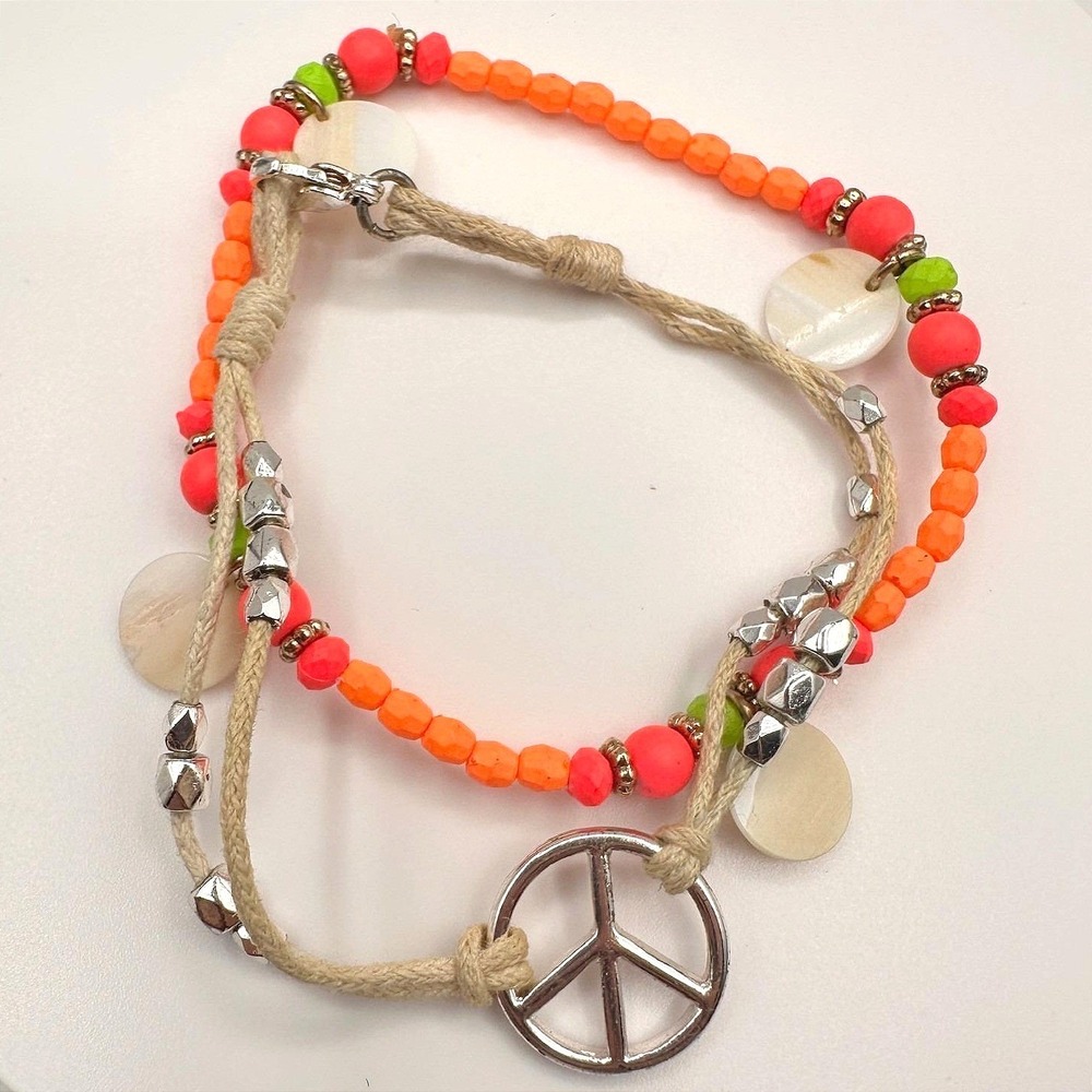 Vintage Multi Strand Bracelet Neon Orange Pink Cord Peace Sign Boho Layered‎ Y2K